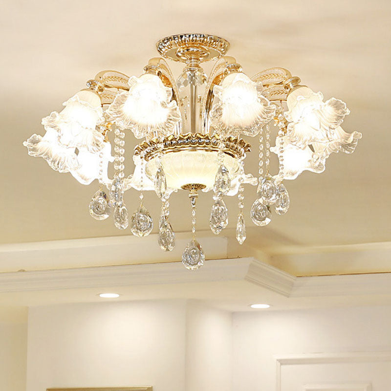 Blossom Pendant Lamp Modern Style Frosted Glass Corridor Chandelier Light with Crystal Ball in Gold Clearhalo 'Ceiling Lights' 'Chandeliers' 'Modern Chandeliers' 'Modern' Lighting' 2030241