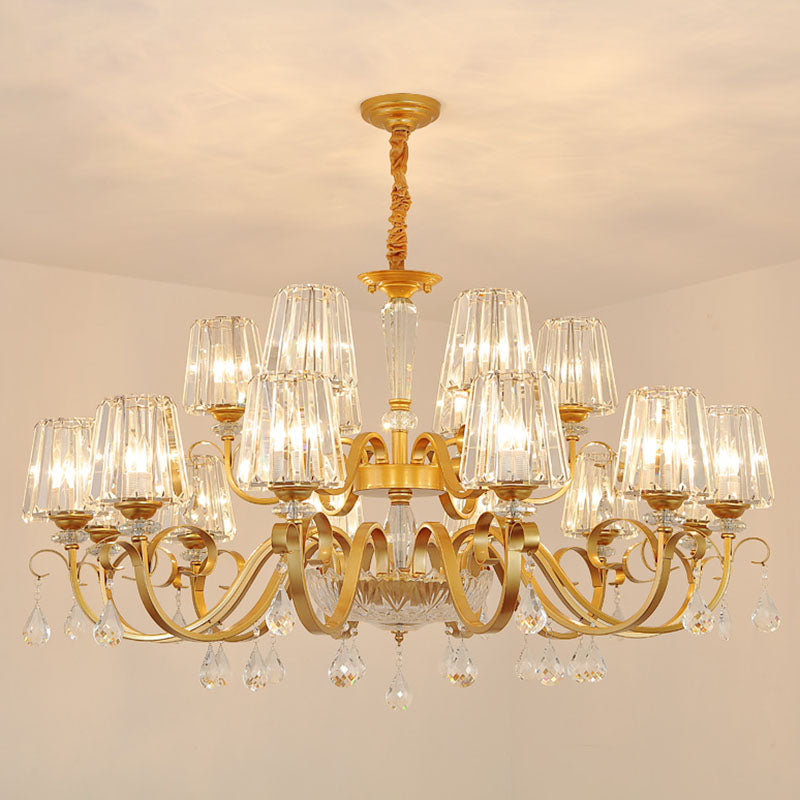 Tapered Beveled Crystal Hanging Light Kit Simplicity Gold Ceiling Chandelier with Scrolled Arm 18 Gold Clearhalo 'Ceiling Lights' 'Chandeliers' 'Modern Chandeliers' 'Modern' Lighting' 2030275