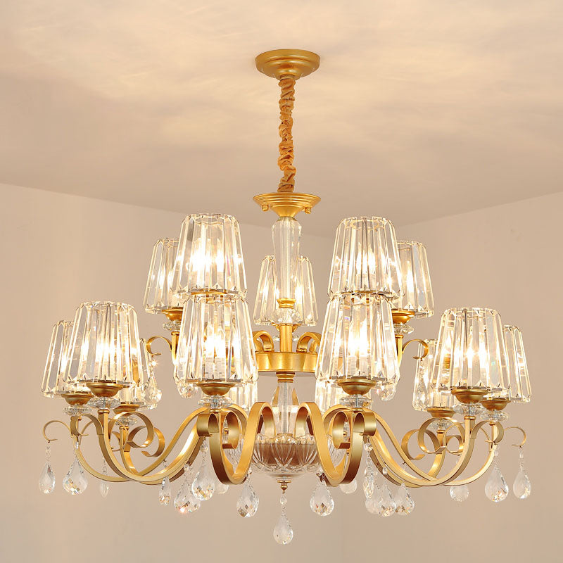 Tapered Beveled Crystal Hanging Light Kit Simplicity Gold Ceiling Chandelier with Scrolled Arm Clearhalo 'Ceiling Lights' 'Chandeliers' 'Modern Chandeliers' 'Modern' Lighting' 2030277