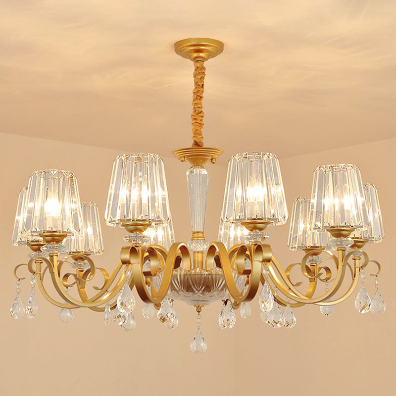 Tapered Beveled Crystal Hanging Light Kit Simplicity Gold Ceiling Chandelier with Scrolled Arm 10 Gold Clearhalo 'Ceiling Lights' 'Chandeliers' 'Modern Chandeliers' 'Modern' Lighting' 2030278