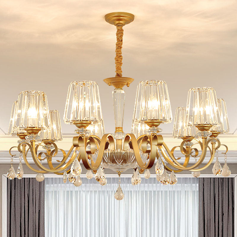 Tapered Beveled Crystal Hanging Light Kit Simplicity Gold Ceiling Chandelier with Scrolled Arm Clearhalo 'Ceiling Lights' 'Chandeliers' 'Modern Chandeliers' 'Modern' Lighting' 2030279