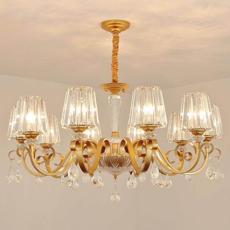 Tapered Beveled Crystal Hanging Light Kit Simplicity Gold Ceiling Chandelier with Scrolled Arm Clearhalo 'Ceiling Lights' 'Chandeliers' 'Modern Chandeliers' 'Modern' Lighting' 2030280
