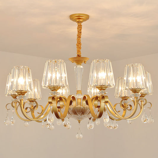 Tapered Beveled Crystal Hanging Light Kit Simplicity Gold Ceiling Chandelier with Scrolled Arm Clearhalo 'Ceiling Lights' 'Chandeliers' 'Modern Chandeliers' 'Modern' Lighting' 2030280