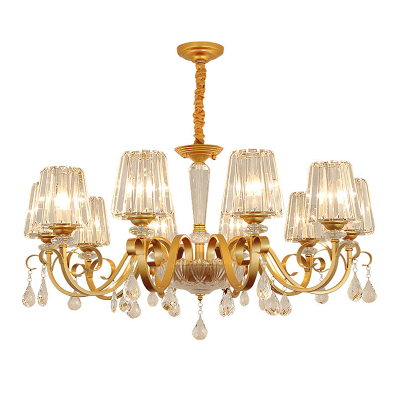 Tapered Beveled Crystal Hanging Light Kit Simplicity Gold Ceiling Chandelier with Scrolled Arm Clearhalo 'Ceiling Lights' 'Chandeliers' 'Modern Chandeliers' 'Modern' Lighting' 2030281