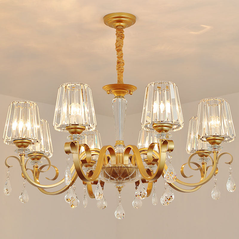 Tapered Beveled Crystal Hanging Light Kit Simplicity Gold Ceiling Chandelier with Scrolled Arm Clearhalo 'Ceiling Lights' 'Chandeliers' 'Modern Chandeliers' 'Modern' Lighting' 2030283