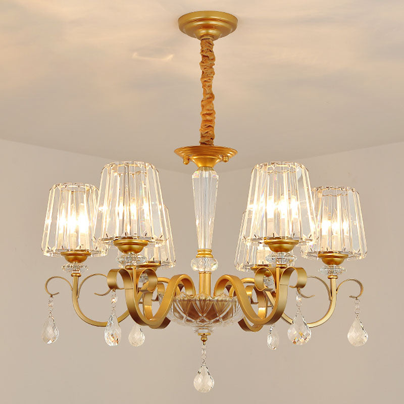 Tapered Beveled Crystal Hanging Light Kit Simplicity Gold Ceiling Chandelier with Scrolled Arm 6 Gold Clearhalo 'Ceiling Lights' 'Chandeliers' 'Modern Chandeliers' 'Modern' Lighting' 2030284