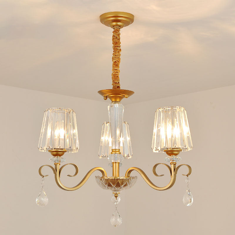 Tapered Beveled Crystal Hanging Light Kit Simplicity Gold Ceiling Chandelier with Scrolled Arm 3 Gold Clearhalo 'Ceiling Lights' 'Chandeliers' 'Modern Chandeliers' 'Modern' Lighting' 2030285