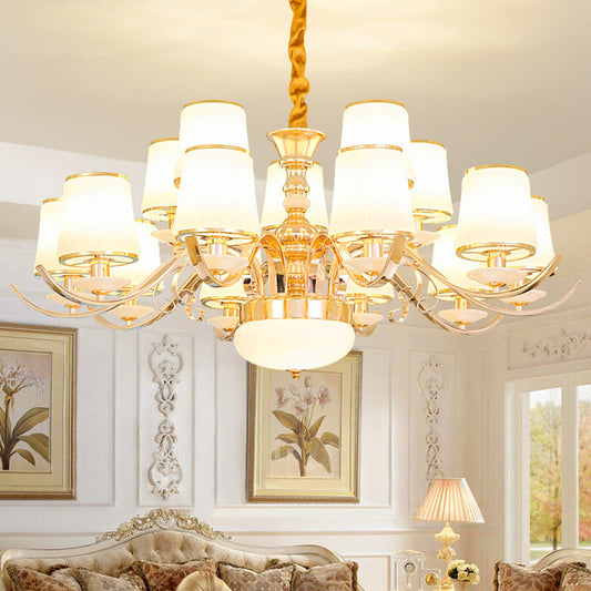 Opal Glass Barrel Chandelier Modernist Gold Pendant Lighting Fixture with Curving Arm Clearhalo 'Ceiling Lights' 'Chandeliers' 'Glass shade' 'Glass' 'Modern Chandeliers' 'Modern' Lighting' 2030351