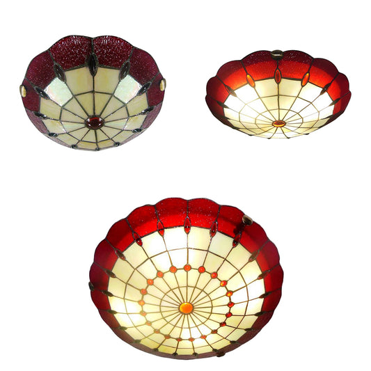 Bedroom Ceiling Light Tiffany Style 12"/16"/19.5" W Dome Shade Flush Mount Light with Jewel Decoration in Red Clearhalo 'Ceiling Lights' 'Close To Ceiling Lights' 'Close to ceiling' 'Flush mount' Lighting' 20303