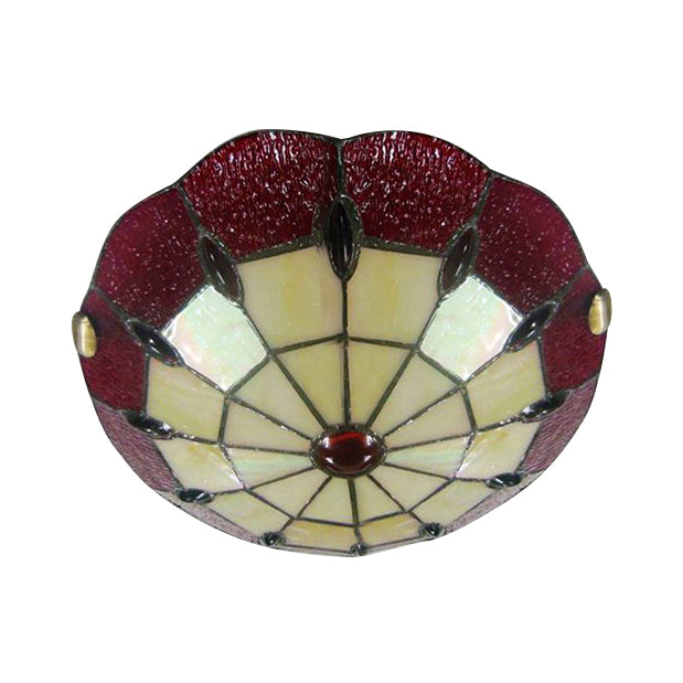 Bedroom Ceiling Light Tiffany Style 12"/16"/19.5" W Dome Shade Flush Mount Light with Jewel Decoration in Red Red 12" Clearhalo 'Ceiling Lights' 'Close To Ceiling Lights' 'Close to ceiling' 'Flush mount' Lighting' 20304