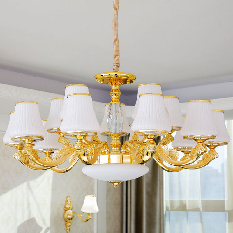 White Ribbed Glass Cone Ceiling Lamp Contemporary Gold Chandelier Light Fixture Clearhalo 'Ceiling Lights' 'Chandeliers' 'Modern Chandeliers' 'Modern' Lighting' 2030448