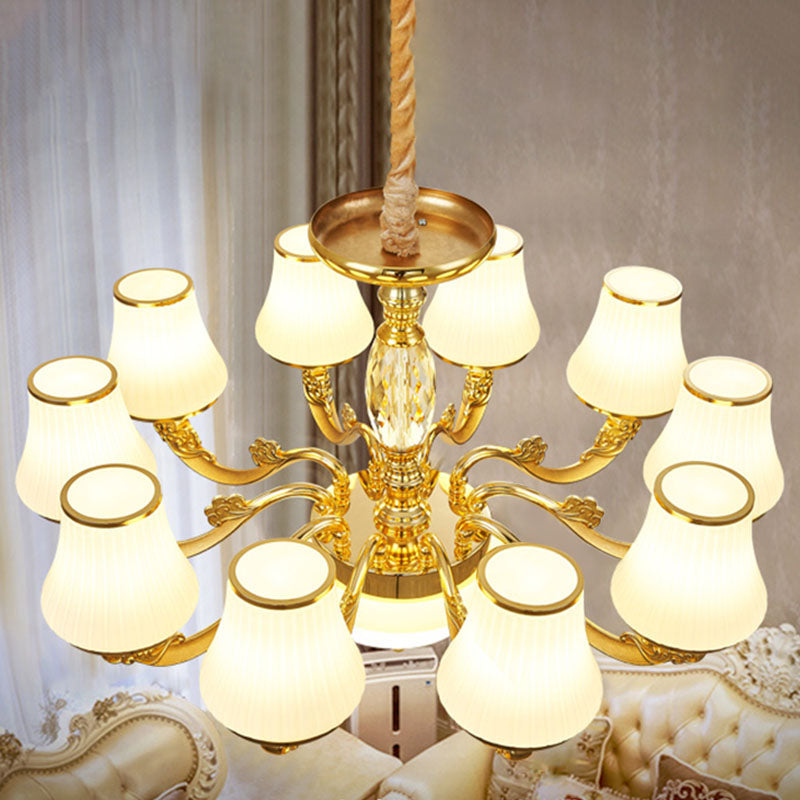 White Ribbed Glass Cone Ceiling Lamp Contemporary Gold Chandelier Light Fixture Clearhalo 'Ceiling Lights' 'Chandeliers' 'Modern Chandeliers' 'Modern' Lighting' 2030451