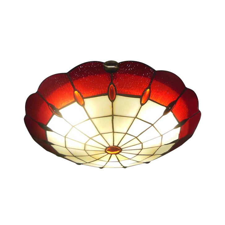 Bedroom Ceiling Light Tiffany Style 12"/16"/19.5" W Dome Shade Flush Mount Light with Jewel Decoration in Red Clearhalo 'Ceiling Lights' 'Close To Ceiling Lights' 'Close to ceiling' 'Flush mount' Lighting' 20305