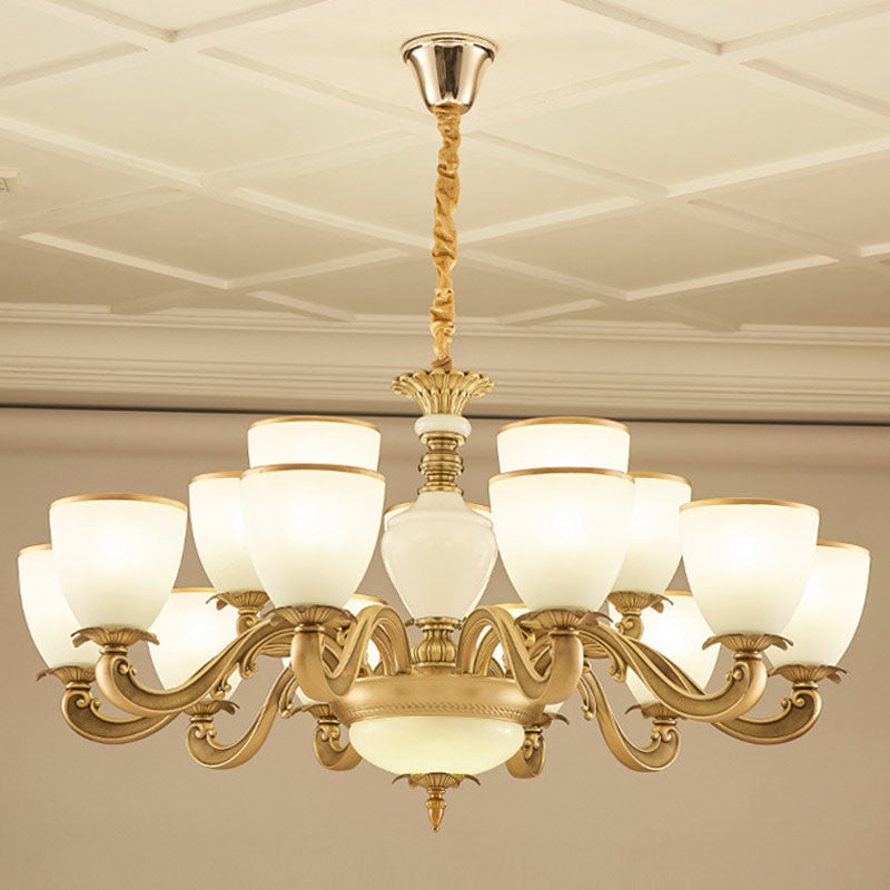 Milky Glass Bowl Up Chandelier Simplicity Pendant Light Fixture in Gold for Living Room 15 White Clearhalo 'Ceiling Lights' 'Chandeliers' 'Glass shade' 'Glass' 'Modern Chandeliers' 'Modern' Lighting' 2030506
