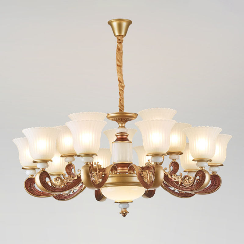 Dining Room Pendant Lamp Simple Gold Chandelier with Bell Frosted Ribbed Glass Shade 15 Gold Clearhalo 'Ceiling Lights' 'Chandeliers' 'Modern Chandeliers' 'Modern' Lighting' 2030524