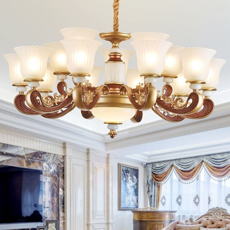 Dining Room Pendant Lamp Simple Gold Chandelier with Bell Frosted Ribbed Glass Shade Clearhalo 'Ceiling Lights' 'Chandeliers' 'Modern Chandeliers' 'Modern' Lighting' 2030525