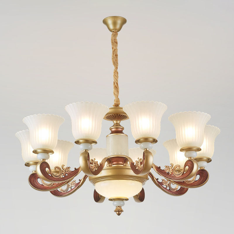 Dining Room Pendant Lamp Simple Gold Chandelier with Bell Frosted Ribbed Glass Shade Clearhalo 'Ceiling Lights' 'Chandeliers' 'Modern Chandeliers' 'Modern' Lighting' 2030528