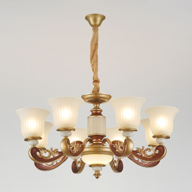 Dining Room Pendant Lamp Simple Gold Chandelier with Bell Frosted Ribbed Glass Shade Clearhalo 'Ceiling Lights' 'Chandeliers' 'Modern Chandeliers' 'Modern' Lighting' 2030530