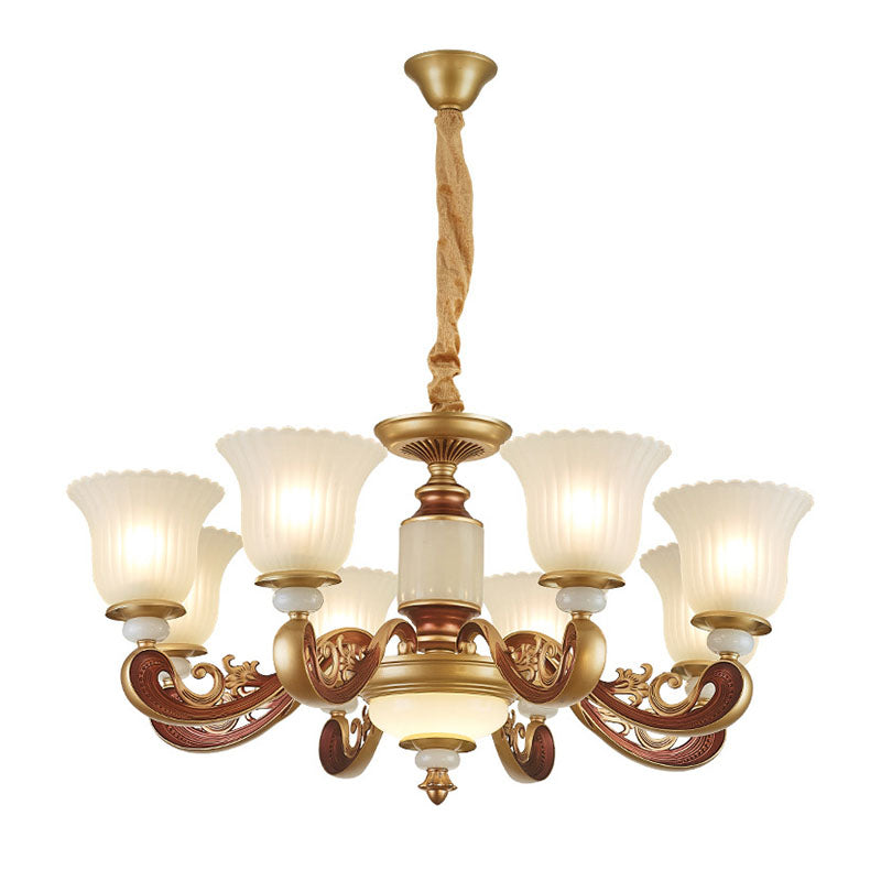 Dining Room Pendant Lamp Simple Gold Chandelier with Bell Frosted Ribbed Glass Shade Clearhalo 'Ceiling Lights' 'Chandeliers' 'Modern Chandeliers' 'Modern' Lighting' 2030531