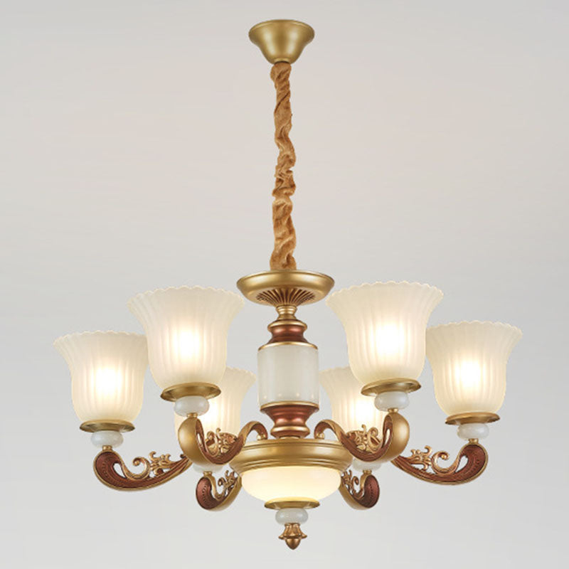Dining Room Pendant Lamp Simple Gold Chandelier with Bell Frosted Ribbed Glass Shade Clearhalo 'Ceiling Lights' 'Chandeliers' 'Modern Chandeliers' 'Modern' Lighting' 2030533