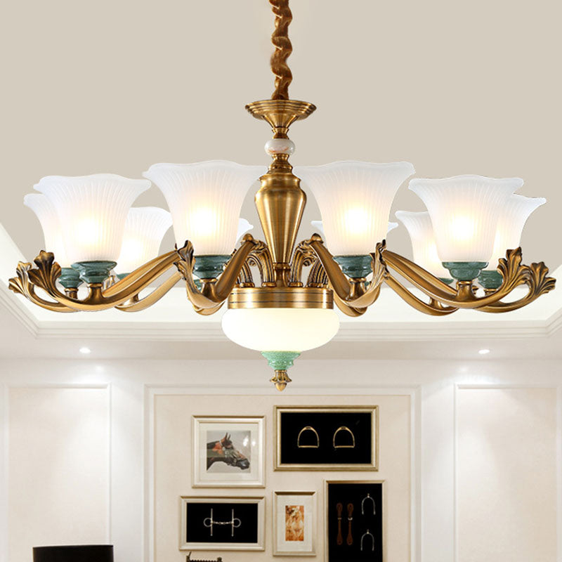 Opal Glass Ruffle Up Pendant Chandelier Simple Brass Suspension Light for Dining Room 12 White Clearhalo 'Ceiling Lights' 'Chandeliers' 'Modern Chandeliers' 'Modern' Lighting' 2030544