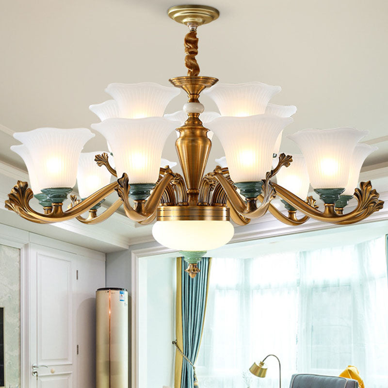 Opal Glass Ruffle Up Pendant Chandelier Simple Brass Suspension Light for Dining Room 15 White Clearhalo 'Ceiling Lights' 'Chandeliers' 'Modern Chandeliers' 'Modern' Lighting' 2030545