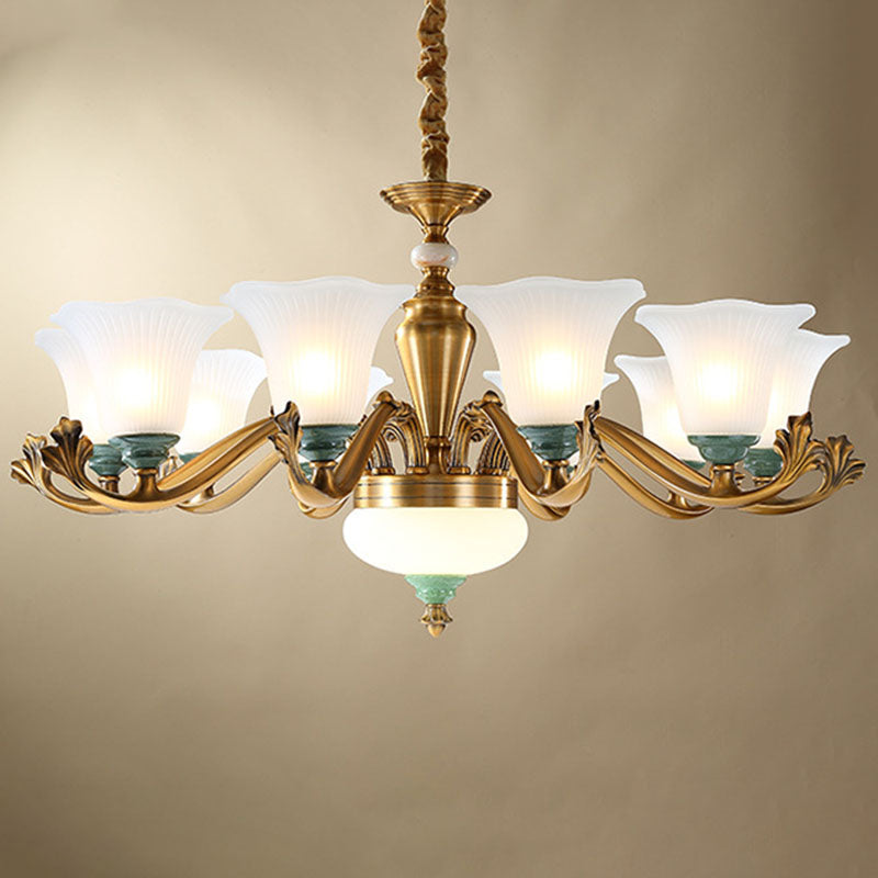 Opal Glass Ruffle Up Pendant Chandelier Simple Brass Suspension Light for Dining Room 10 White Clearhalo 'Ceiling Lights' 'Chandeliers' 'Modern Chandeliers' 'Modern' Lighting' 2030546