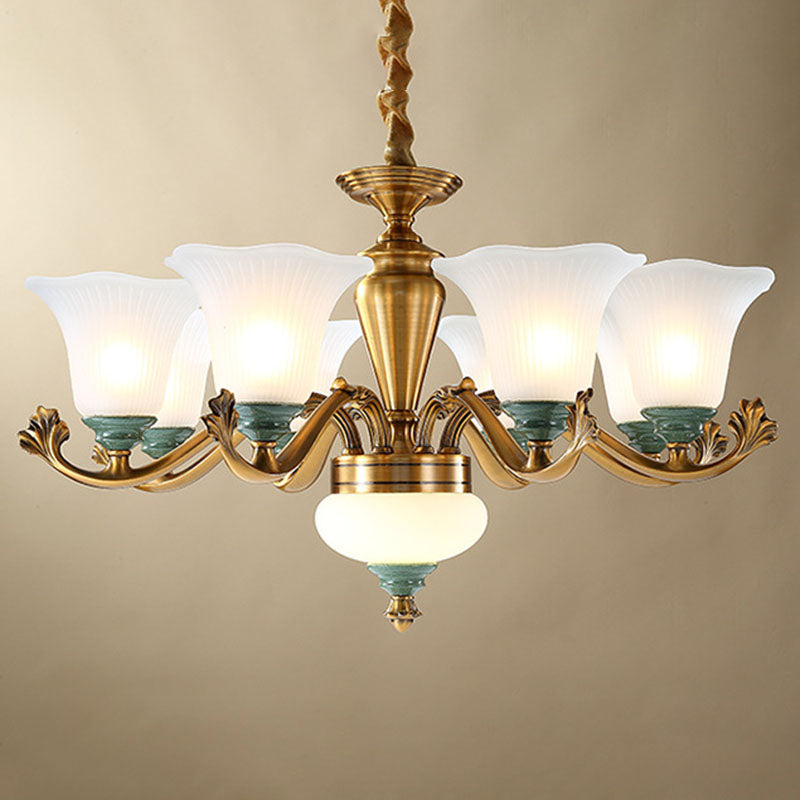 Opal Glass Ruffle Up Pendant Chandelier Simple Brass Suspension Light for Dining Room 8 White Clearhalo 'Ceiling Lights' 'Chandeliers' 'Modern Chandeliers' 'Modern' Lighting' 2030547