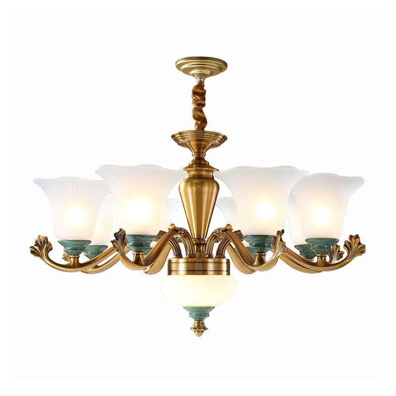 Opal Glass Ruffle Up Pendant Chandelier Simple Brass Suspension Light for Dining Room Clearhalo 'Ceiling Lights' 'Chandeliers' 'Modern Chandeliers' 'Modern' Lighting' 2030548