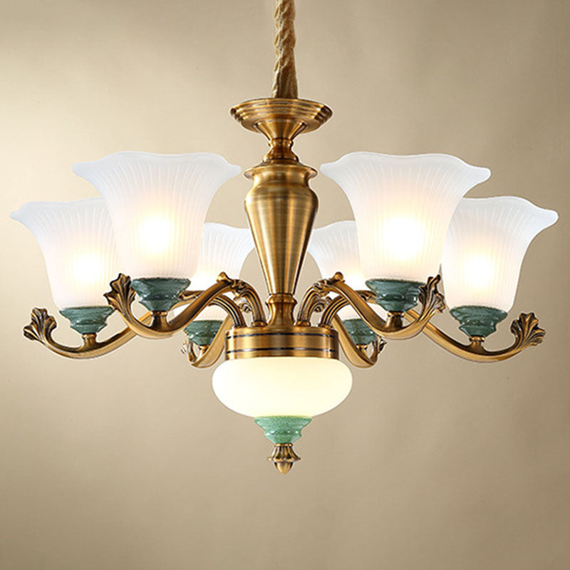 Opal Glass Ruffle Up Pendant Chandelier Simple Brass Suspension Light for Dining Room Clearhalo 'Ceiling Lights' 'Chandeliers' 'Modern Chandeliers' 'Modern' Lighting' 2030550
