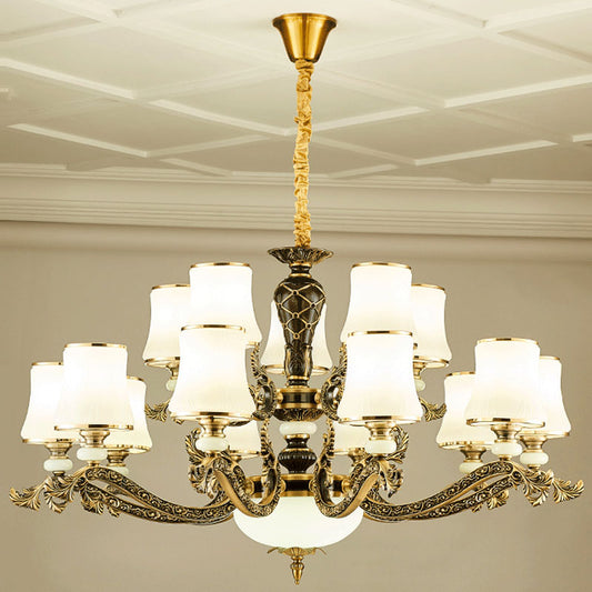 Brass Tapered Chandelier Light Fixture Modernism White Glass Pendant Lighting for Living Room 15 White Clearhalo 'Ceiling Lights' 'Chandeliers' 'Modern Chandeliers' 'Modern' Lighting' 2030560