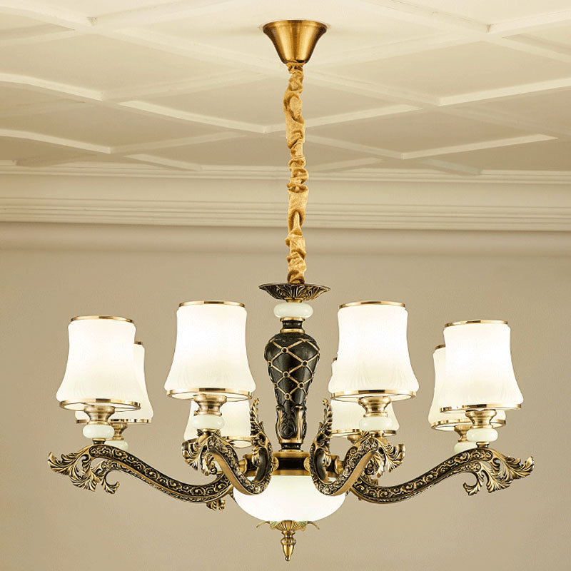 Brass Tapered Chandelier Light Fixture Modernism White Glass Pendant Lighting for Living Room Clearhalo 'Ceiling Lights' 'Chandeliers' 'Modern Chandeliers' 'Modern' Lighting' 2030564