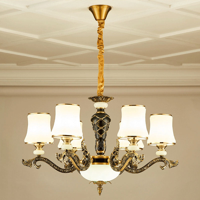 Brass Tapered Chandelier Light Fixture Modernism White Glass Pendant Lighting for Living Room Clearhalo 'Ceiling Lights' 'Chandeliers' 'Modern Chandeliers' 'Modern' Lighting' 2030566