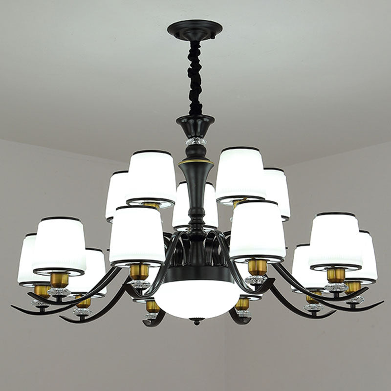 Drum Living Room Pendant Chandelier Opal Glass Modernist Hanging Lamp Kit in Black 15 Black Clearhalo 'Ceiling Lights' 'Chandeliers' 'Glass shade' 'Glass' 'Modern Chandeliers' 'Modern' Lighting' 2030606