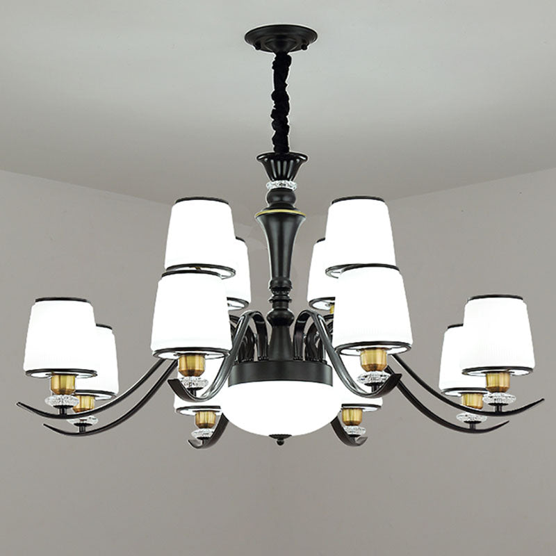 Drum Living Room Pendant Chandelier Opal Glass Modernist Hanging Lamp Kit in Black 12 Black Clearhalo 'Ceiling Lights' 'Chandeliers' 'Glass shade' 'Glass' 'Modern Chandeliers' 'Modern' Lighting' 2030608