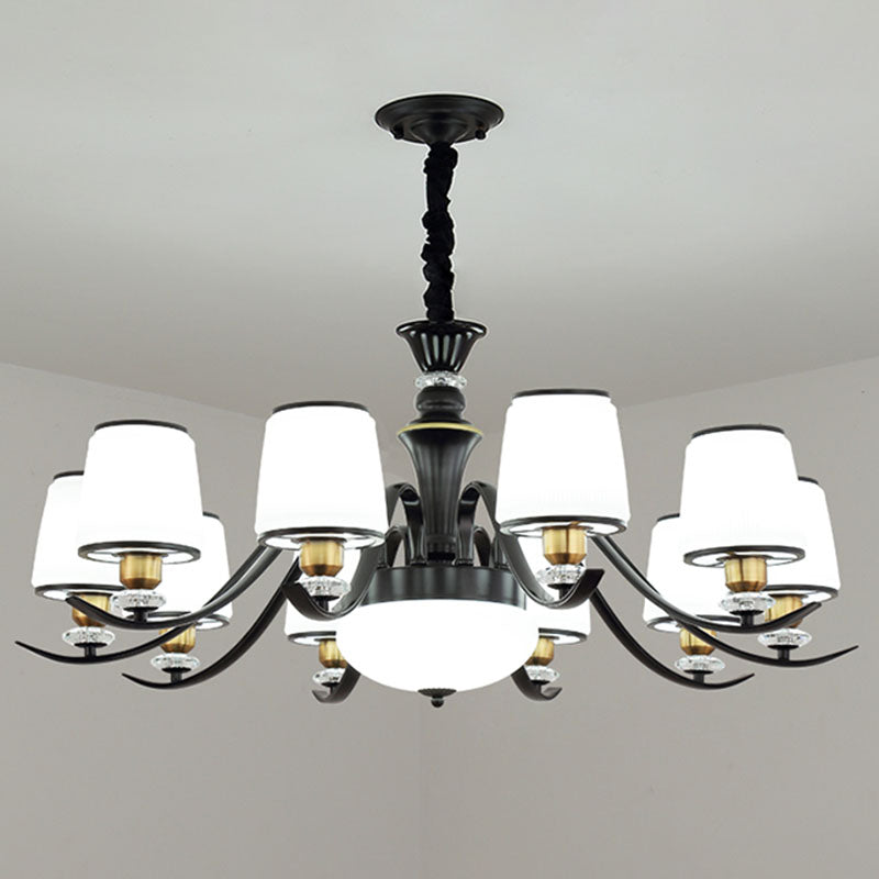 Drum Living Room Pendant Chandelier Opal Glass Modernist Hanging Lamp Kit in Black 10 Black Clearhalo 'Ceiling Lights' 'Chandeliers' 'Glass shade' 'Glass' 'Modern Chandeliers' 'Modern' Lighting' 2030609