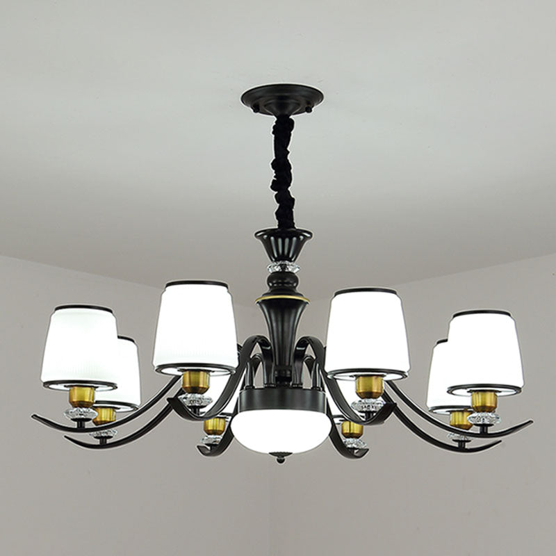 Drum Living Room Pendant Chandelier Opal Glass Modernist Hanging Lamp Kit in Black 8 Black Clearhalo 'Ceiling Lights' 'Chandeliers' 'Glass shade' 'Glass' 'Modern Chandeliers' 'Modern' Lighting' 2030610