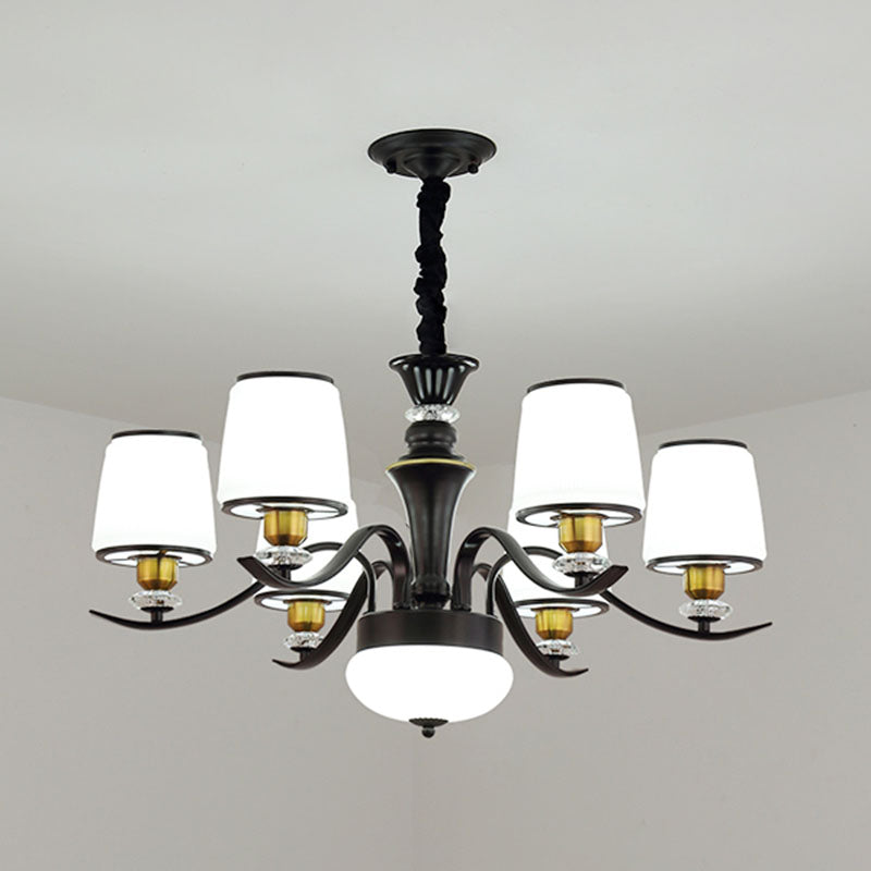 Drum Living Room Pendant Chandelier Opal Glass Modernist Hanging Lamp Kit in Black 6 Black Clearhalo 'Ceiling Lights' 'Chandeliers' 'Glass shade' 'Glass' 'Modern Chandeliers' 'Modern' Lighting' 2030611