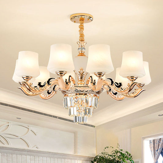 Simple Pendulum Light Gold Tapered Chandelier Lamp with White Frosted Glass Shade for Living Room 10 White Clearhalo 'Ceiling Lights' 'Chandeliers' 'Modern Chandeliers' 'Modern' Lighting' 2030653