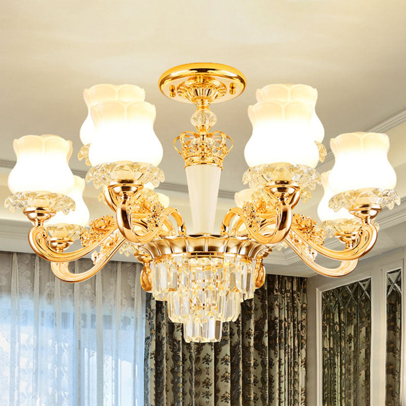 Bud Shaped Drop Lamp Contemporary Milky Glass Dining Room Chandelier Light Fixture in Gold 12 Gold Clearhalo 'Ceiling Lights' 'Chandeliers' 'Modern Chandeliers' 'Modern' Lighting' 2030664