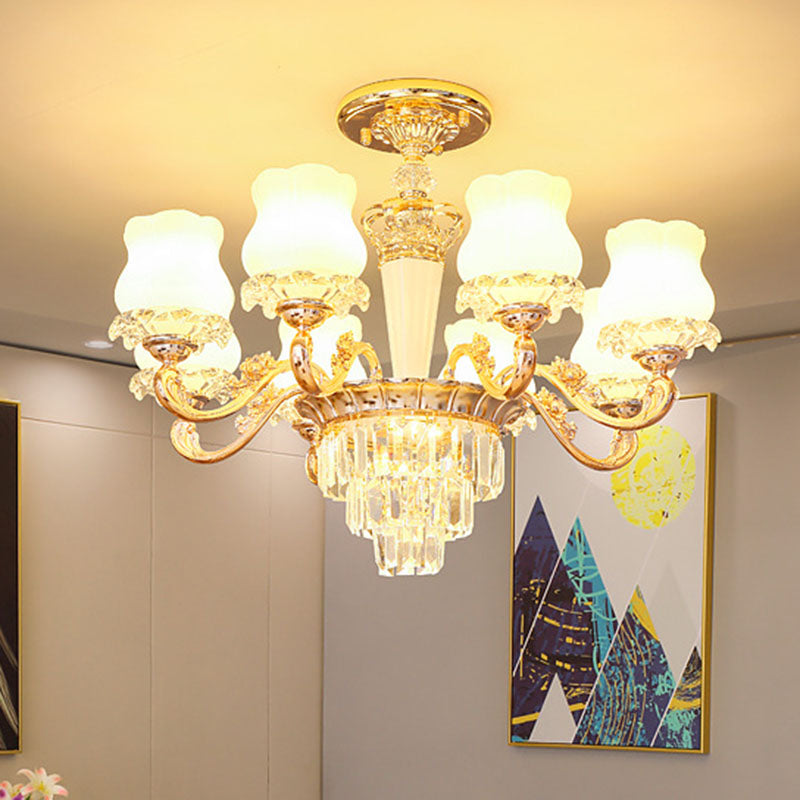 Bud Shaped Drop Lamp Contemporary Milky Glass Dining Room Chandelier Light Fixture in Gold 8 Gold Clearhalo 'Ceiling Lights' 'Chandeliers' 'Modern Chandeliers' 'Modern' Lighting' 2030667