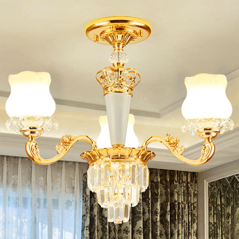 Bud Shaped Drop Lamp Contemporary Milky Glass Dining Room Chandelier Light Fixture in Gold 3 Gold Clearhalo 'Ceiling Lights' 'Chandeliers' 'Modern Chandeliers' 'Modern' Lighting' 2030669