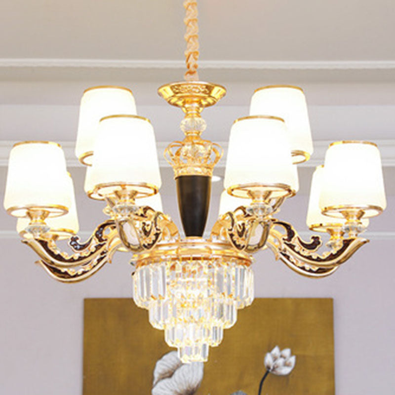 Cone Hanging Chandelier Modernist Opal Glass Gold Pendulum Light with Crystal Accent 12 White Clearhalo 'Ceiling Lights' 'Chandeliers' 'Modern Chandeliers' 'Modern' Lighting' 2030728