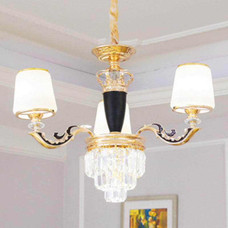 Cone Hanging Chandelier Modernist Opal Glass Gold Pendulum Light with Crystal Accent 3 White Clearhalo 'Ceiling Lights' 'Chandeliers' 'Modern Chandeliers' 'Modern' Lighting' 2030735