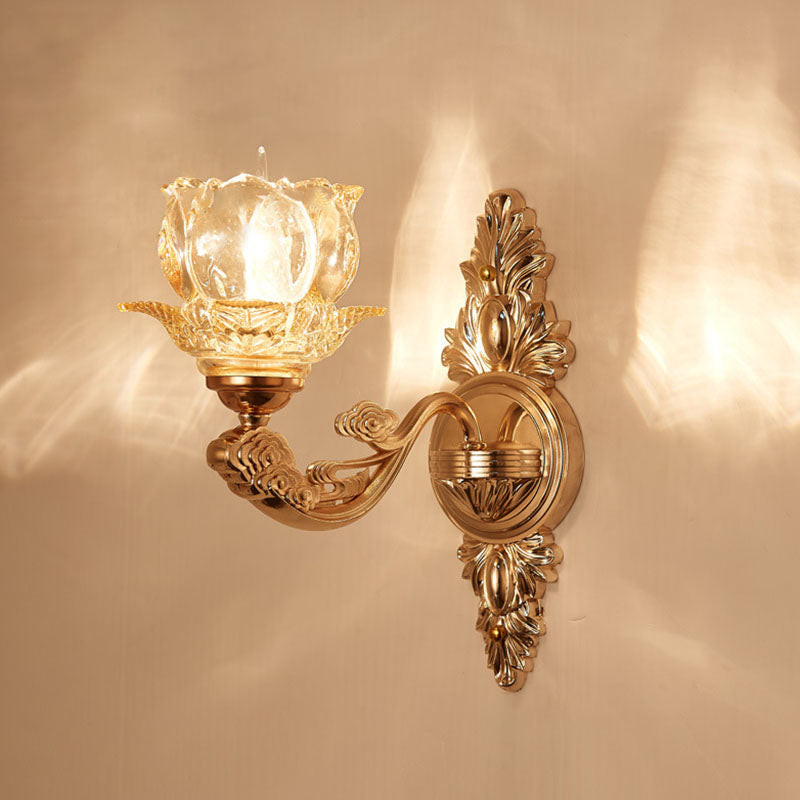 Gold Scrolled Arm Wall Mount Lamp Simple Metallic Wall Light Sconce with Crystal Accent 1.0 Gold G Clearhalo 'Cast Iron' 'Glass' 'Industrial' 'Modern wall lights' 'Modern' 'Tiffany' 'Traditional wall lights' 'Wall Lamps & Sconces' 'Wall Lights' Lighting' 2030768