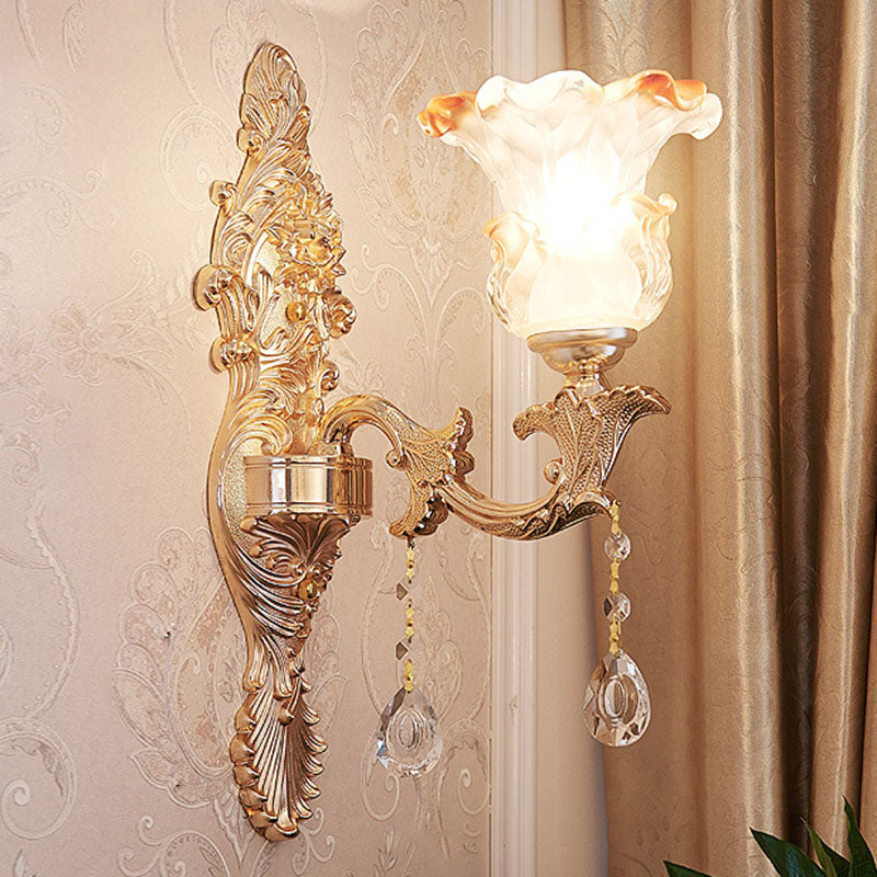 Gold Scrolled Arm Wall Mount Lamp Simple Metallic Wall Light Sconce with Crystal Accent 1.0 Gold F Clearhalo 'Cast Iron' 'Glass' 'Industrial' 'Modern wall lights' 'Modern' 'Tiffany' 'Traditional wall lights' 'Wall Lamps & Sconces' 'Wall Lights' Lighting' 2030769