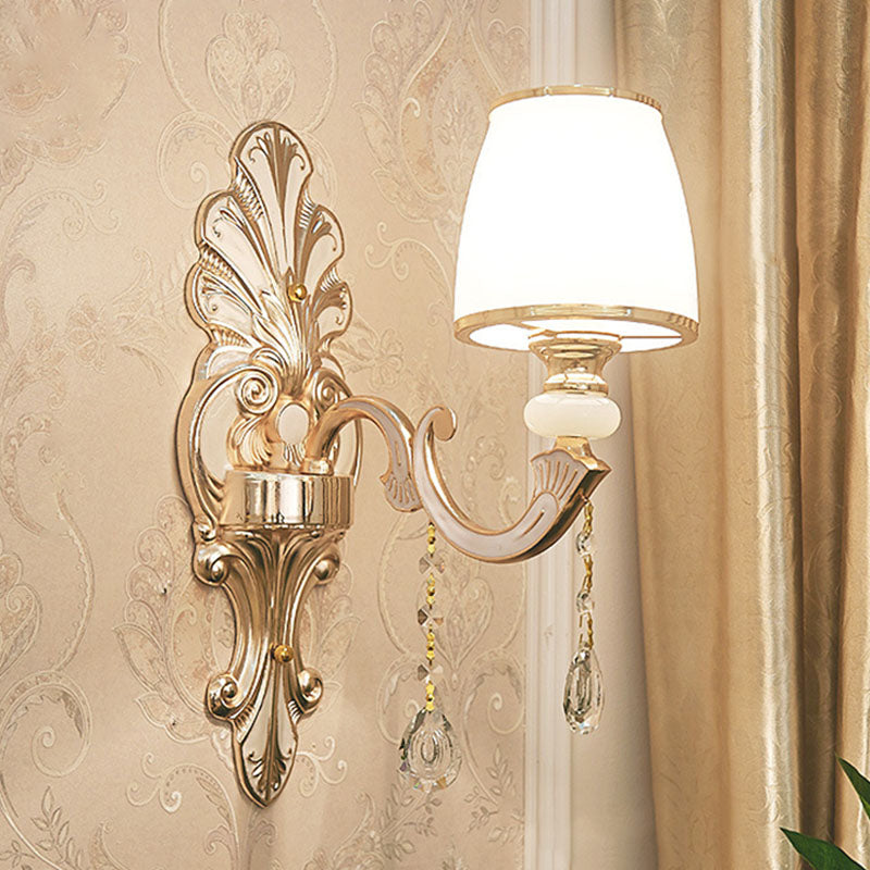 Gold Scrolled Arm Wall Mount Lamp Simple Metallic Wall Light Sconce with Crystal Accent 1.0 Gold C Clearhalo 'Cast Iron' 'Glass' 'Industrial' 'Modern wall lights' 'Modern' 'Tiffany' 'Traditional wall lights' 'Wall Lamps & Sconces' 'Wall Lights' Lighting' 2030772