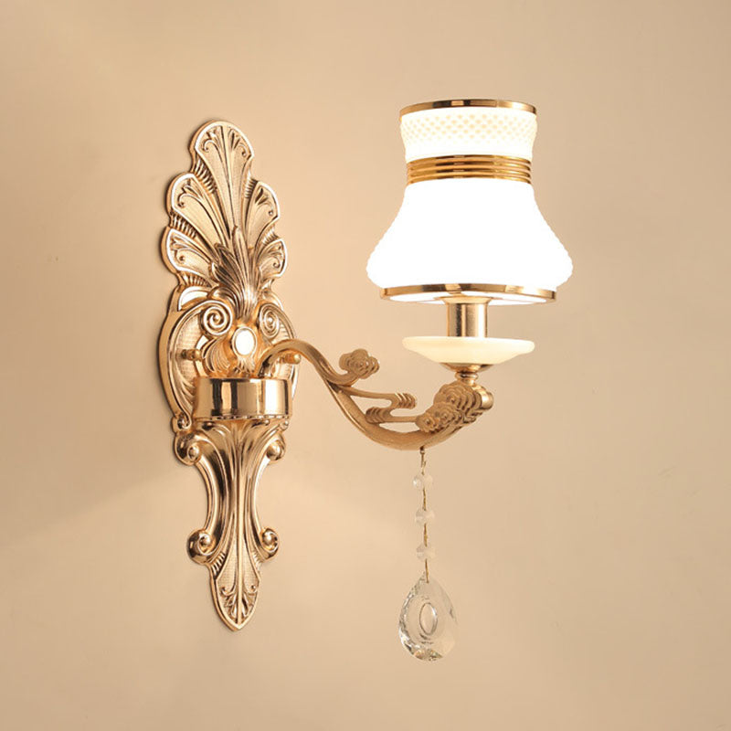 Gold Scrolled Arm Wall Mount Lamp Simple Metallic Wall Light Sconce with Crystal Accent 1.0 Gold B Clearhalo 'Cast Iron' 'Glass' 'Industrial' 'Modern wall lights' 'Modern' 'Tiffany' 'Traditional wall lights' 'Wall Lamps & Sconces' 'Wall Lights' Lighting' 2030773