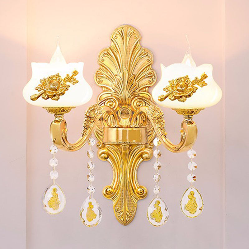 Glass Flower Wall Mount Light Modernist Gold Wall Lamp Sconce with Crystal Droplet Clearhalo 'Cast Iron' 'Glass' 'Industrial' 'Modern wall lights' 'Modern' 'Tiffany' 'Traditional wall lights' 'Wall Lamps & Sconces' 'Wall Lights' Lighting' 2030787