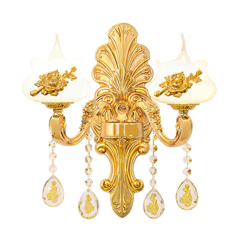 Glass Flower Wall Mount Light Modernist Gold Wall Lamp Sconce with Crystal Droplet Clearhalo 'Cast Iron' 'Glass' 'Industrial' 'Modern wall lights' 'Modern' 'Tiffany' 'Traditional wall lights' 'Wall Lamps & Sconces' 'Wall Lights' Lighting' 2030788